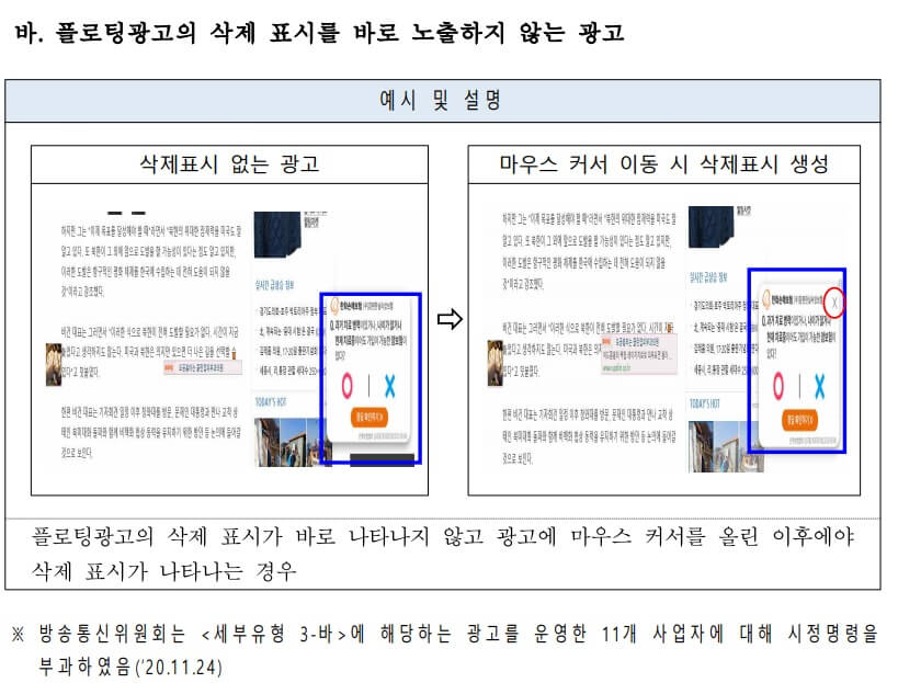 방통위 플로팅 광고 금지 사례 3. 플로팅광고의 삭제 표시를 바로 노출하지 않는 광고