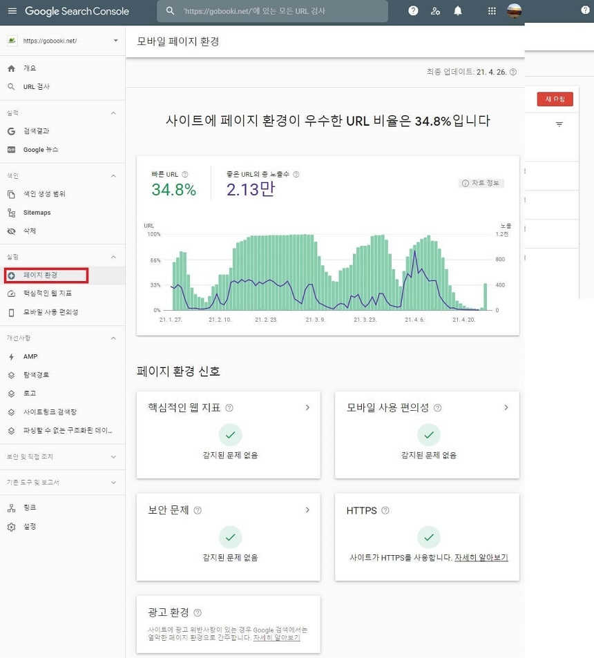 서치콘솔 페이지 환경-경험