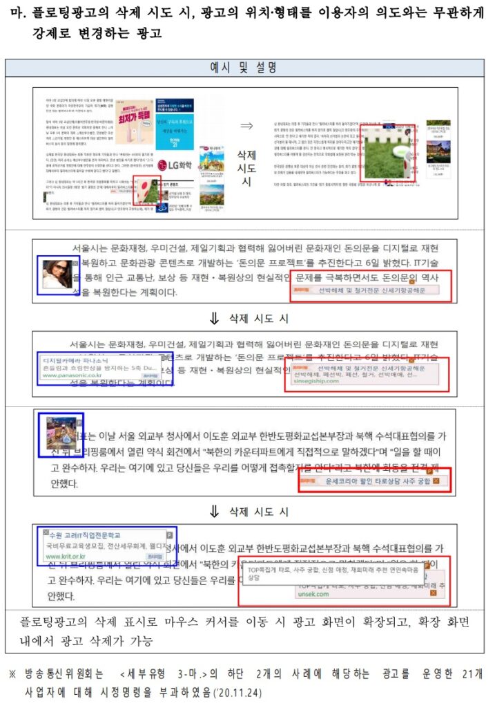 마. 플로팅광고의 삭제 시도 시, 광고의 위치‧형태를 이용자의 의도와는 무관하게 강제로 변경하는 광고