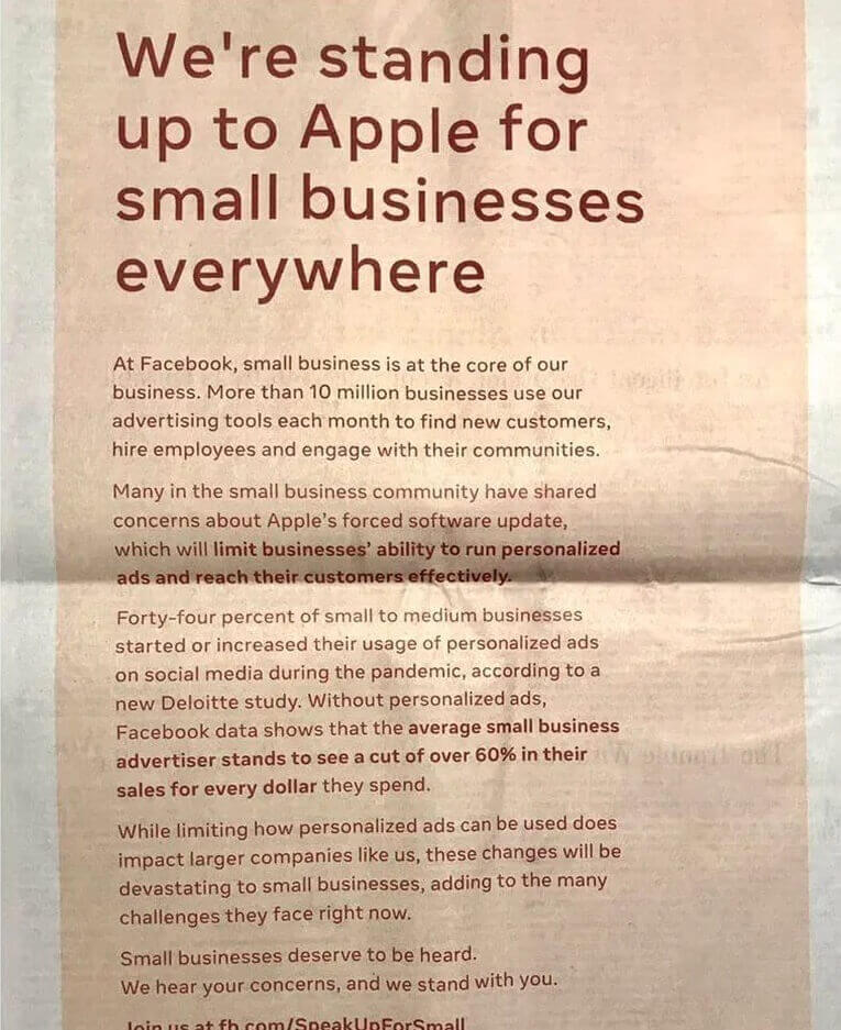 애플과 페이스북의 전쟁 - 애플을 비난하는 페이스북의 신문 광고 샘플