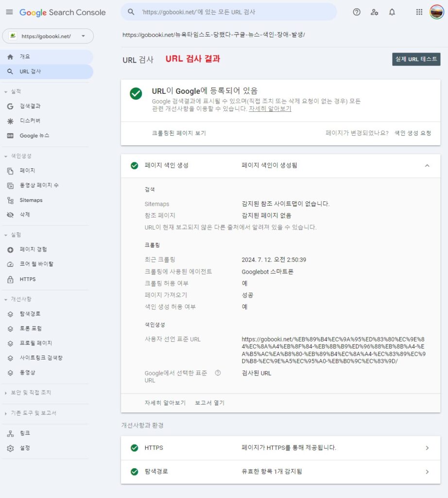 구글 서치콘솔 사용 가이드 URL검사 결과