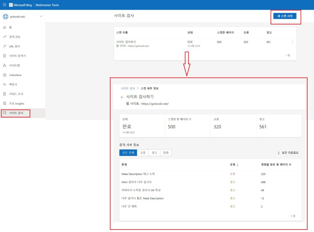 빙 웹마스터 도구 - 사이트 검사