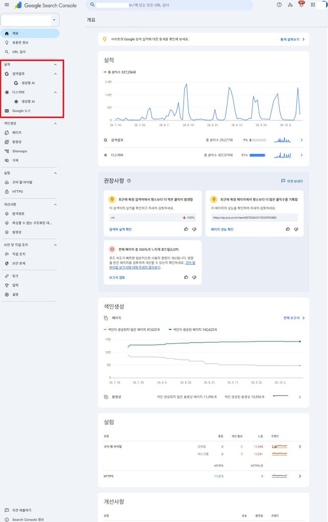 서치 콘솔의 생성형 AI 실적 보고서로 검색과 디스커버의 생성형 AI 기능 노출을 확인할 수 있습니다.(26년 10월 16일 샘플)