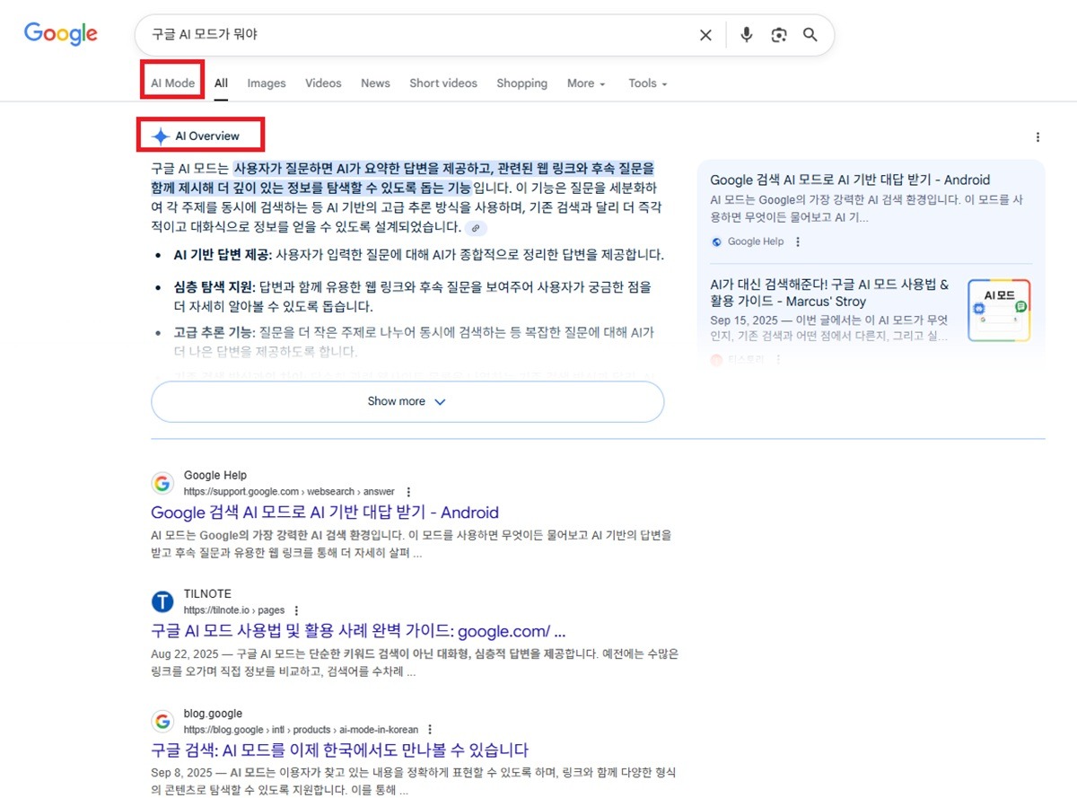 제로 클릭 검색 사례 : 구글 AI 요약(Overview)과 AI 모드